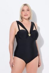 Damski Strój kąpielowy fiszbiny miękkie miseczki regulowane ramiączka. Czarne kostiumy jednoczęściowe damskie Ulla Popken, plus size, bez wzorów, z elastanu, plus size, do pływania. Za 233.99 zł.
