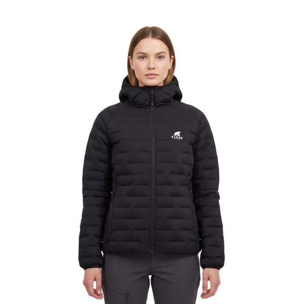 Damska kurtka puchowa Merino Eiger ML. Czarne kurtki damskie FJORK MERINO, na zimę, m, bez wzorów, z materiału, z kapturem. Za 999.00 zł.