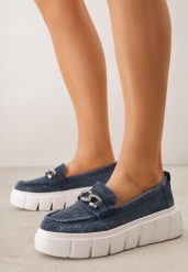 Granatowe Perforowane Mokasyny ze Skóry Naturalnej z Aplikacją na Platformie Heilarta. Niebieskie mokasyny damskie Renee, z jeansu. Za 179.99 zł.