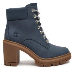 Trzewiki Timberland. Niebieskie botki damskie Timberland, bez obcasa, na słupku, bez zapięcia. Za 579.99 zł.