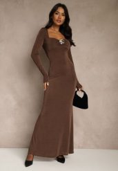Brązowa Taliowana Sukienka Koktajlowa Lonsgleeve z Elegancką Aplikacją Idirena. Brązowe sukienki damskie Renee, m, z aplikacjami, eleganckie, bez kołnierzyka, bez ramiączek, maxi, oversize. Za 149.99 zł.