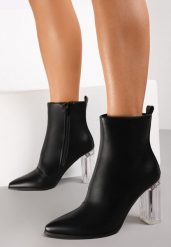 Czarne Botki Caedence. Czarne botki damskie Renee, na jesień, z materiału, eleganckie, ze szpiczastym noskiem, bez obcasa, na obcasie, bez zapięcia. Za 39.99 zł.