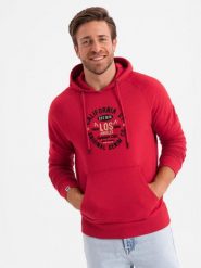 Bluza męska kangurka z nadrukiem - czerwona V2 - Rozmiar: L. Czerwone bluzy męskie Ombre Clothing, l, bez wzorów, z bawełny, z kapturem. W wyprzedaży za 59.99 zł.