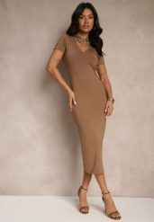 Brązowa Sukienka Bodycon o Dopasowanym Kroju z Dekoltem w V Efrerina. Brązowe sukienki damskie Renee, na co dzień, l, bez wzorów, z jeansu, eleganckie, bez kołnierzyka, bez ramiączek, midi, bodycon. Za 89.99 zł.