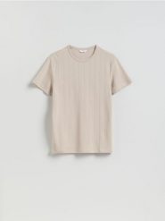 T-shirt slim fit - beżowy. Brązowe t-shirty męskie Reserved, l, bez wzorów, z bawełny, bez kołnierzyka. Za 69.99 zł.