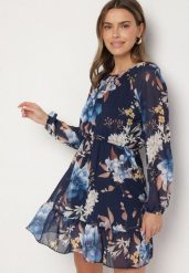 Granatowa Sukienka o Rozkloszowanym Kroju w Kwiaty Zeramera. Niebieskie sukienki damskie Born2be, na co dzień, l, bez wzorów, z wiskozy, bez kołnierzyka, bez ramiączek, mini, rozkloszowane. Za 99.99 zł.