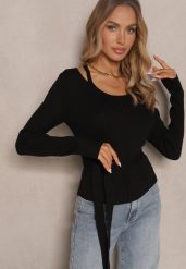 Czarny Wiskozowy Sweter Wiązany w Talii z Asymetrycznym Dekoltem Kornelita. Czarne swetry damskie Renee, m, bez wzorów, z jeansu, casualowe, z asymetrycznym kołnierzem, bez ramiączek, długie, bez kaptura. Za 74.99 zł.