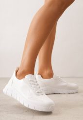 Białe Dzianinowe Sneakersy na Grubej Podeszwie ze Żłobieniami Enolora. Białe obuwie sportowe damskie Born2be, bez wzorów, z dzianiny, na fitness i siłownię. Za 79.99 zł.