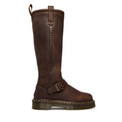 Kozaki Dr. Martens. Brązowe kozaki damskie Dr. Martens, bez obcasa, na płaskiej podeszwie. Za 1,179.00 zł.