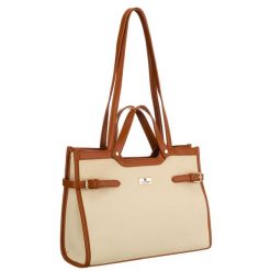 Klasyczna, duża torebka damska w kolorach brązowym i ecru - Peterson. Brązowe torebki do ręki damskie Peterson, bez wzorów, z tworzywa sztucznego, eleganckie, duże, bez dodatków. Za 146.99 zł.
