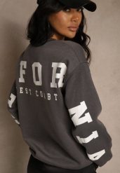 Szara Bluza Ocieplana z Bawełną Ozdobiona Napisem Fezurra. Szare bluzy damskie Renee, l, bez wzorów, z bawełny, bez kaptura. Za 64.99 zł.