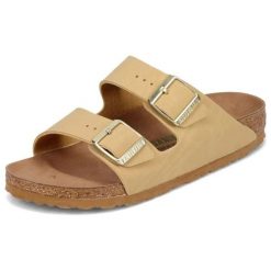 Klapki damskie Birkenstock Arizona BS regular. Brązowe klapki damskie Birkenstock, bez wzorów, z jeansu, eleganckie, bez obcasa. Za 287.00 zł.