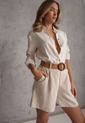 Beżowe Szorty Casual z Wiskozą High Waist Ozdobione Paskiem z Plecionki Kailee. Brązowe szorty damskie Renee, l, bez wzorów, z materiału, casualowe, z podwyższonym stanem. Za 99.99 zł.
