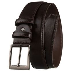 Brązowy pasek męski ze skóry ekologicznej ze srebrną, klasyczną klamrą. Brązowe paski damskie Inny, bez wzorów, ze skóry ekologicznej, klasyczne. Za 29.99 zł.