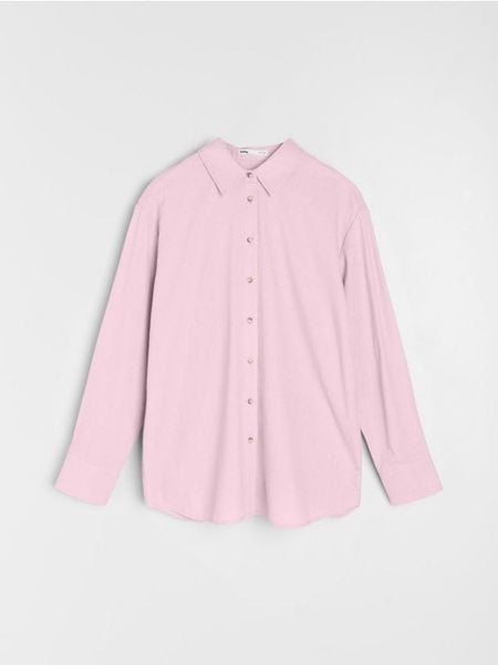 Koszula oversize z domieszką lnu - różowy. Czerwone koszule damskie Sinsay, l, bez wzorów, bez kołnierzyka, bez ramiączek. Za 39.99 zł.