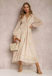 Beżowa Sukienka Endeina. Brązowe sukienki damskie Renee, m, z aplikacjami, z tkaniny, bez kołnierzyka, bez ramiączek, maxi, rozkloszowane. Za 209.99 zł.