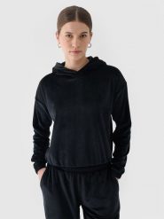 4F Bluza dresowa z weluru nierozpinana z kapturem damska - czarna L. Czarne bluzy damskie 4f, l, bez wzorów, z dresówki, z kapturem. W wyprzedaży za 59.99 zł.