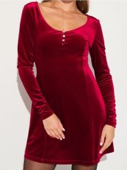 Welurowa sukienka mini z długim rękawem - czerwony. Czerwone sukienki damskie Sinsay, l, bez wzorów, z weluru, bez kołnierzyka, bez ramiączek, mini. Za 39.99 zł.