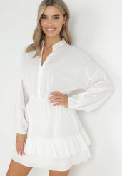 Biała Sukienka Nietoperz z Gumką w Pasie Amberly. Białe sukienki damskie Born2be, na co dzień, l, bez wzorów, z jeansu, eleganckie, bez kołnierzyka, bez ramiączek, mini. Za 159.99 zł.