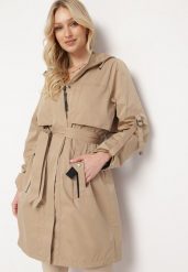 Ciemnobeżowy Płaszcz Trencz w Stylu Utility z Wiązanym Paskiem i Kapturem Azusea. Brązowe płaszcze damskie Born2be, xl, bez wzorów, z materiału. Za 179.99 zł.