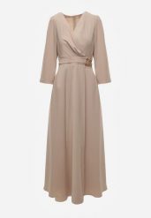 Beżowa Elegancka Sukienka o Kopertowym Kroju Zdobiona Aplikacją w Talii Zilendra. Brązowe sukienki dla dziewczynek Renee, z aplikacjami, eleganckie, bez ramiączek. Za 169.99 zł.