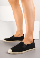 Czarne Espadryle z Elastycznymi Wstawkami Zdobione Plecionką Nitelisa. Czarne espadryle damskie Born2be, na lato, z aplikacjami, z jeansu, eleganckie, bez obcasa, bez zapięcia. Za 59.99 zł.