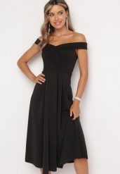 Czarna Elegancka Sukienka o Fasonie Hiszpanki z Materiałowym Paskiem Xaelia. Czarne sukienki damskie Born2be, na spotkanie biznesowe, s, bez wzorów, z materiału, eleganckie, bez kołnierzyka, bez ramiączek, midi. Za 129.99 zł.