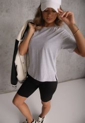 Szary Bawełniany T-shirt Ozdobiony po Bokach Rozcięciami Brinelle. Szare bluzki damskie Renee, m, bez wzorów, z bawełny, eleganckie, bez kołnierzyka, bez ramiączek. Za 39.99 zł.