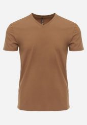 Brązowa Koszulka T-shirt z Bawełny z Dekoltem w Serek Rionisse. Brązowe t-shirty męskie Born2be, l, bez wzorów, z bawełny, biznesowe, bez kołnierzyka. Za 49.99 zł.