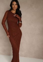 Brązowa Koronkowa Sukienka Typu Longsleeve o Dopasowanym Kroju Zenoresa. Brązowe sukienki damskie Renee, na imprezę, l, bez wzorów, z koronki, eleganckie, bez kołnierzyka, bez ramiączek, dopasowane. Za 129.99 zł.