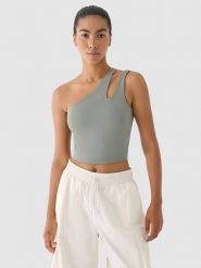 4F Crop top treningowy na jedno ramię 4F x Anna Lewandowska - khaki L. Brązowe koszulki sportowe damskie 4f, l, bez wzorów, z dzianiny, z asymetrycznym kołnierzem, bez ramiączek, na fitness i siłownię. Za 129.99 zł.