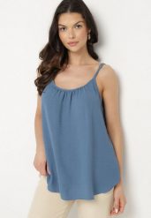 Niebieski Klasyczny Top z Bawełną Pumera. Niebieskie bluzki damskie Born2be, l, bez wzorów, z bawełny, eleganckie, bez kołnierzyka, bez ramiączek. Za 29.99 zł.