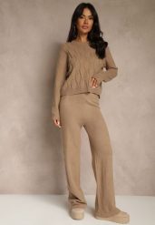 Ciemnobeżowy Dzianinowy Komplet z Wełną Spodnie Wide Leg i Sweter Cropped Nezera. Brązowe spodnie materiałowe damskie Renee, na zimę, l, bez wzorów, z dzianiny, bez kołnierzyka, bez ramiączek, krótkie, bez kaptura. Za 129.99 zł.