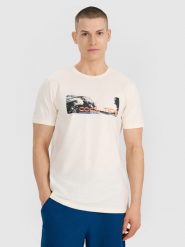 4F T-shirt regular z nadrukiem męski - biały XXL. Białe koszulki sportowe męskie 4f, m, bez wzorów, z bawełny, klasyczne, bez kołnierzyka. Za 59.99 zł.