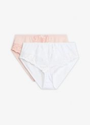 Figi maxi z kwiatową koronką (2 szt.). Czerwone figi damskie bonprix, bez wzorów, z koronki. Za 74.99 zł.