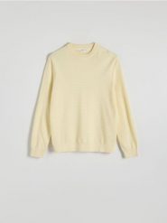 Strukturalny sweter - jasnożółty. Żółte swetry przez głowę męskie Reserved, l, bez wzorów, z bawełny, bez kołnierzyka. W wyprzedaży za 39.99 zł.
