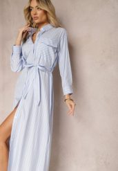 Niebieska Sukienka w Paski w Koszulowym Stylu z Paskiem i Długim Rękawem Desperse. Niebieskie sukienki damskie Renee, l, bez wzorów, eleganckie, bez kołnierzyka, bez ramiączek, koszulowe. Za 119.99 zł.