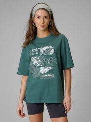 4F T-shirt loose z nadrukiem damski - turkusowy S. Niebieskie t-shirty damskie 4f, s, bez wzorów, z dzianiny, klasyczne, bez kołnierzyka. Za 79.99 zł.