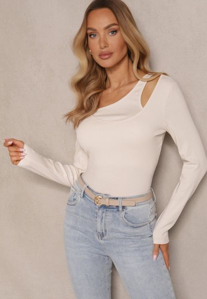 Beżowa Bluzka o Asymetrycznym Kroju Tatorella. Brązowe bluzki damskie Renee, l, bez wzorów, eleganckie, z asymetrycznym kołnierzem, bez ramiączek. Za 79.99 zł.