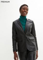 Żakiet ze skóry jagnięcej nappa. Czarne żakiety damskie bonprix, bez wzorów, ze skóry. Za 629.99 zł.