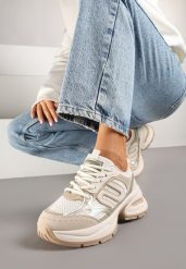 Beżowe Sneakersy na Platformie z Tłoczeniem z Geometrycznym Motywem Delothiel. Brązowe obuwie sportowe damskie Renee, bez wzorów, z jeansu. Za 99.99 zł.
