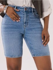 Szorty jeansowe high waist - niebieski. Niebieskie szorty damskie Sinsay, bez wzorów, z jeansu, z podwyższonym stanem. Za 49.99 zł.