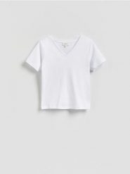 Gładki t-shirt - biały. Białe t-shirty damskie Reserved, l, bez wzorów, z bawełny, bez kołnierzyka. Za 89.99 zł.