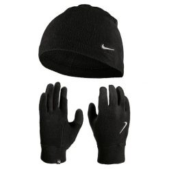 Zestaw rękawiczek i czapki damskiej Nike Fleece. Czarne czapki i kapelusze damskie Nike, bez wzorów, z polaru, eleganckie. Za 250.50 zł.