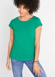 Shirt bawełniany, krótki rękaw. Zielone t-shirty damskie bonprix, bez wzorów, z bawełny, bez kołnierzyka. Za 37.99 zł.
