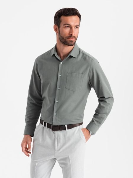 Męska koszula z kieszenią REGULAR FIT - khaki V4 - Rozmiar: M. Brązowe koszule męskie Ombre Clothing, m, bez wzorów, z bawełny, bez kołnierzyka, bez ramiączek. W wyprzedaży za 49.99 zł.