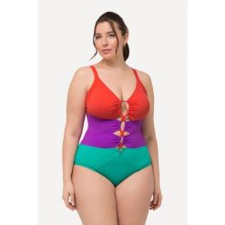 Damski Kostium kąpielowy szerokie kolorowe pasy miękkie miseczki wycięcia. Zielone kostiumy jednoczęściowe damskie Ulla Popken, plus size, bez wzorów, z elastanu, sportowe, plus size, do pływania. Za 244.99 zł.