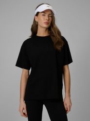 4F T-shirt loose gładki damski - czarny XS. Czarne t-shirty damskie 4f, uniwersalny, bez wzorów, z dzianiny, bez kołnierzyka. Za 59.99 zł.