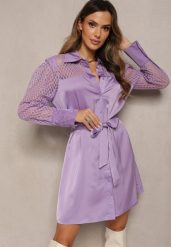 Fioletowa Mini Sukienka o Koszulowym Fasonie z Materiałowym Paskiem i Siateczką Idanes. Fioletowe sukienki damskie Renee, na jesień, bez wzorów, z materiału, eleganckie, bez kołnierzyka, bez ramiączek, mini, koszulowe. Za 109.99 zł.