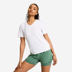 Koszulka fitness damska dekolt V. Białe koszulki sportowe damskie Decathlon, l, bez wzorów, z bawełny, sportowe, bez kołnierzyka. Za 44.99 zł.